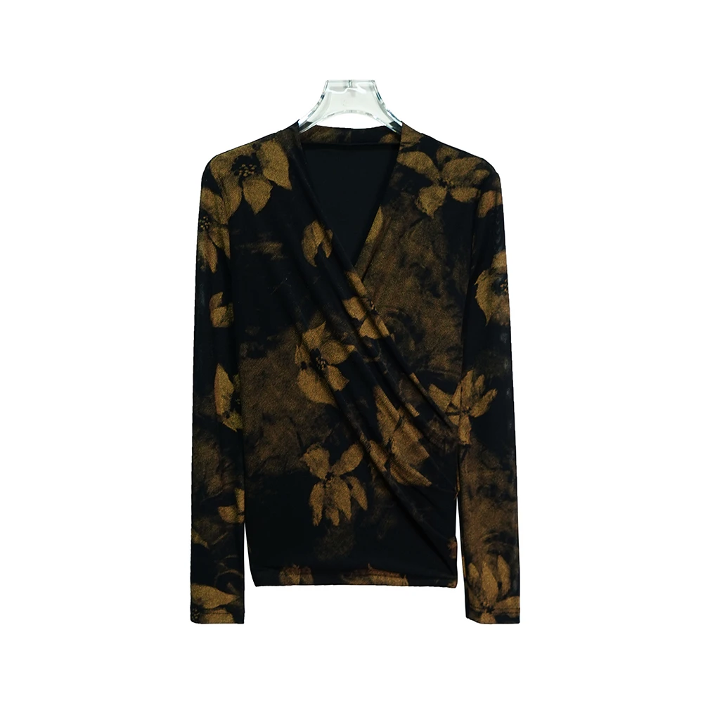 X2538【上新】法式复古V领高端黑色印花长袖显瘦气质短款上衣休闲3Q