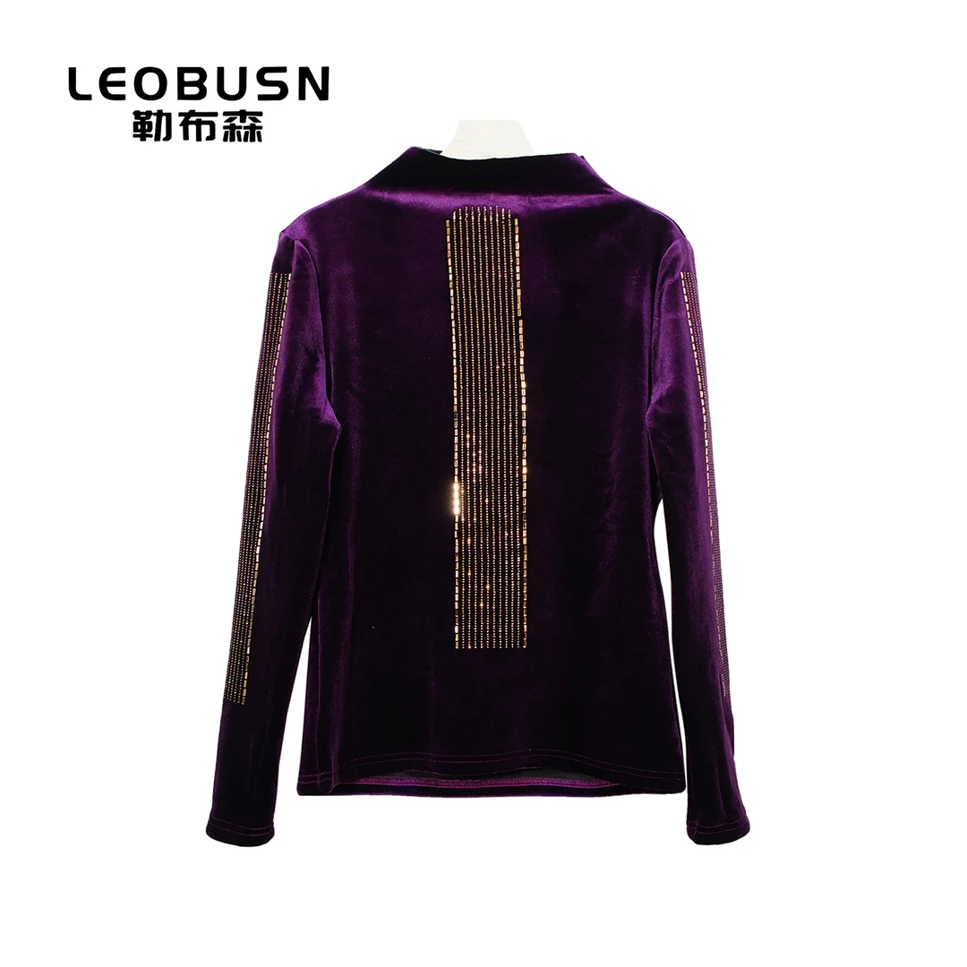 X21064【冬季加绒新款】时尚玫红色半高领重工亮片洋气打底上衣