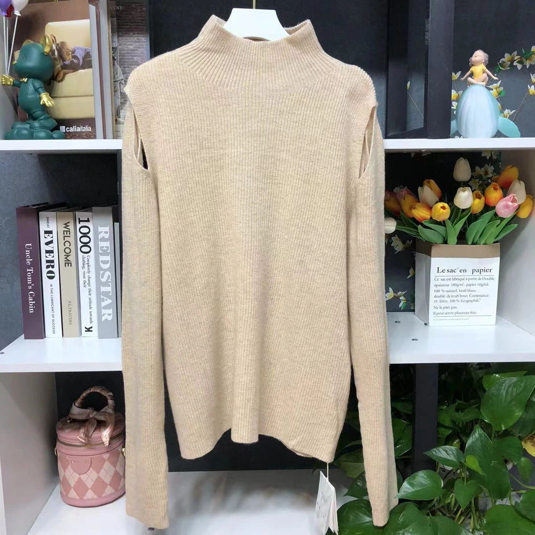 ML803【品牌撤柜】时尚百搭半高领杏色露肩打底衫()