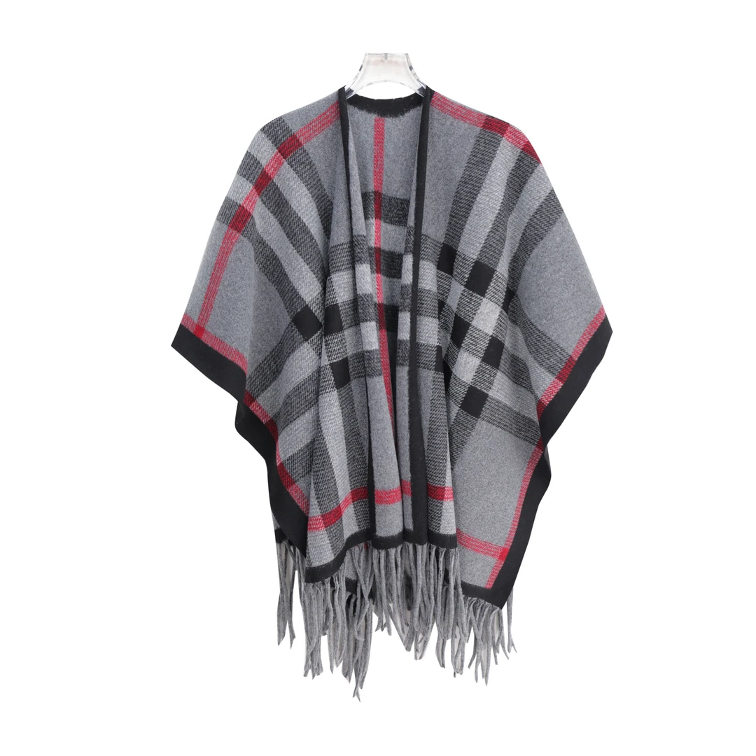 韩版格纹宽松斗篷针织开衫外搭流苏毛衣披肩外套X27492