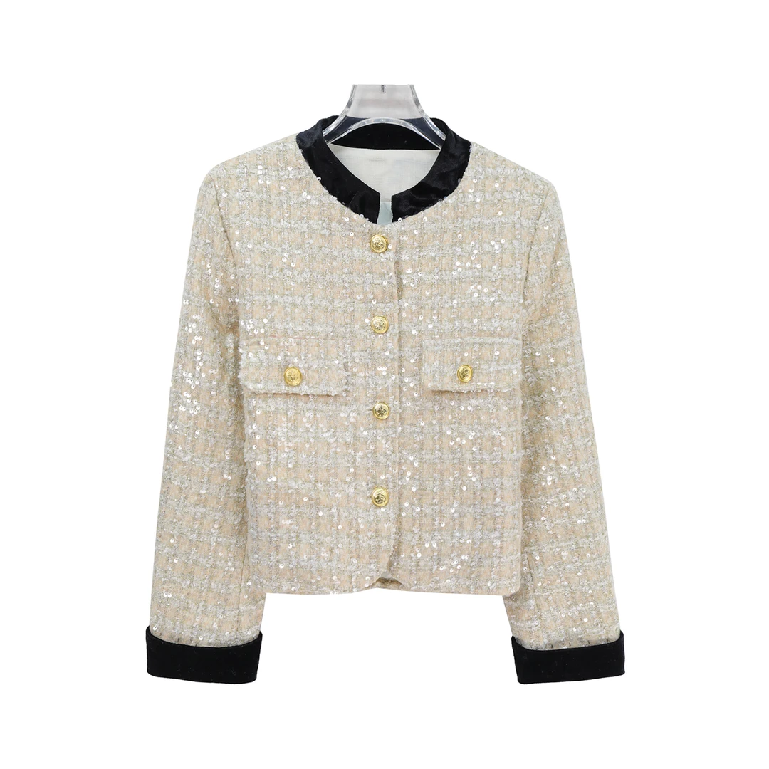 圆领亮片拼接千金小香风高级感加厚外套S5477