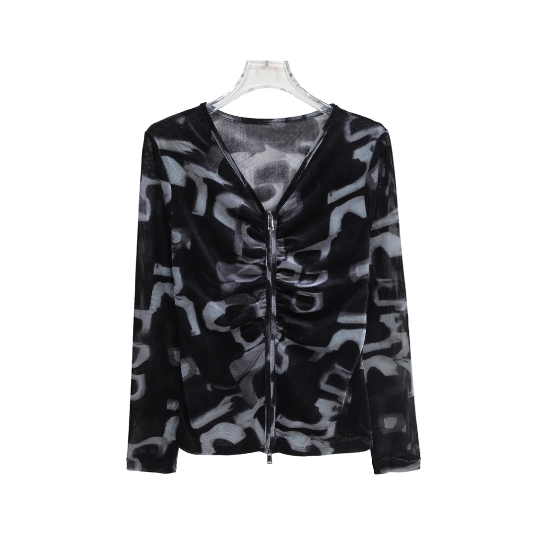 设计感小众褶皱修身显瘦V领减龄长袖T恤X27230