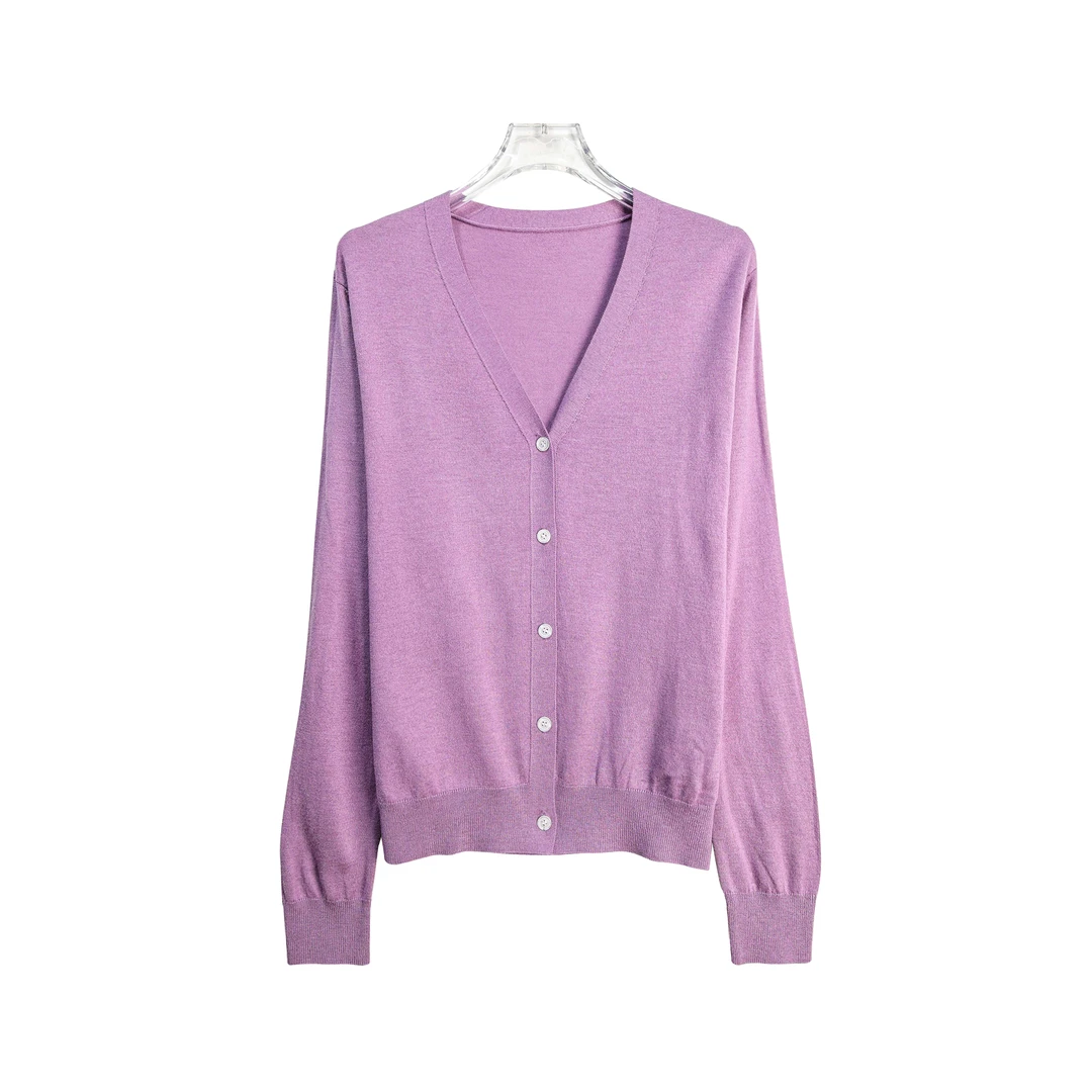 N561【春季上新】时尚 百搭洋气V领紫色单排扣开衫