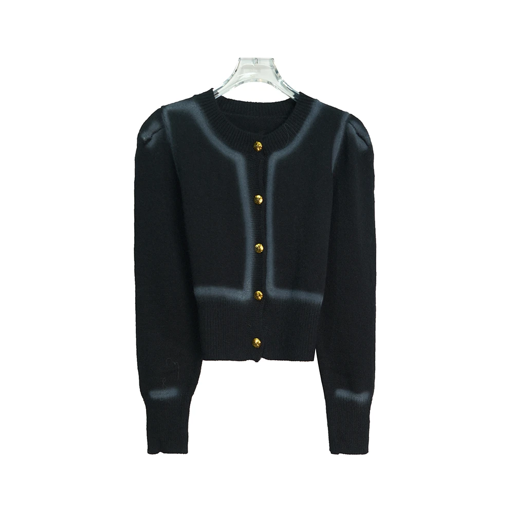 E7699【上新】休闲软糯风圆领单排扣撞色晕染开衫上衣3Q