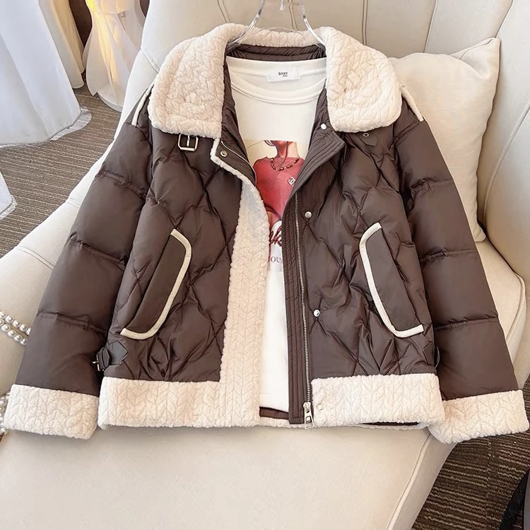 冬季羊羔毛拼接翻领短款羽绒服菱格韩版宽松外套U178