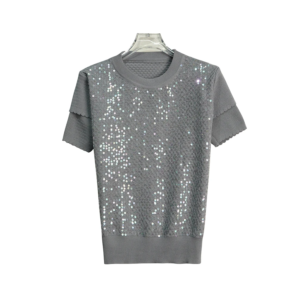 X26144韩系亮片花瓣袖圆领气质针织衫短袖上衣