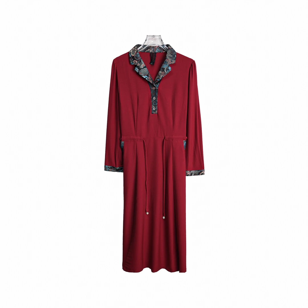 X26174时尚连衣裙国风翻领印花气质收腰长裙