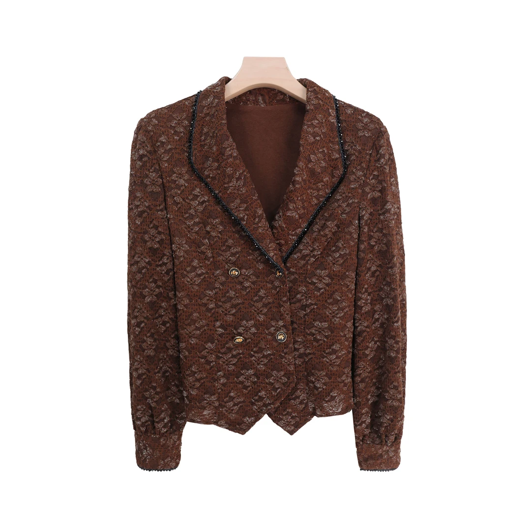 E6558法式轻奢小香风蕾丝镂空西装领外套