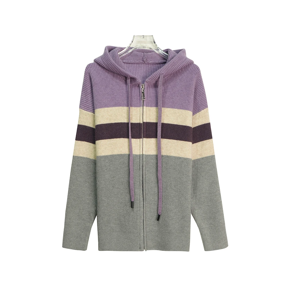 X24141【上新】韩版甜美慵懒风拼色条纹双拉链宽松连帽开衫外套3Q