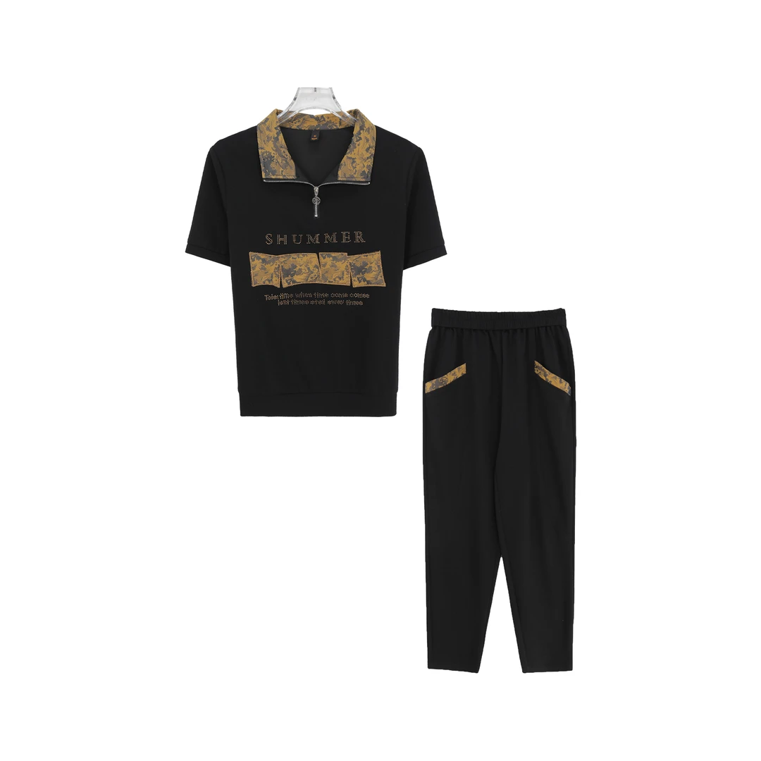 X26372运动休闲宽松烫钻两件套