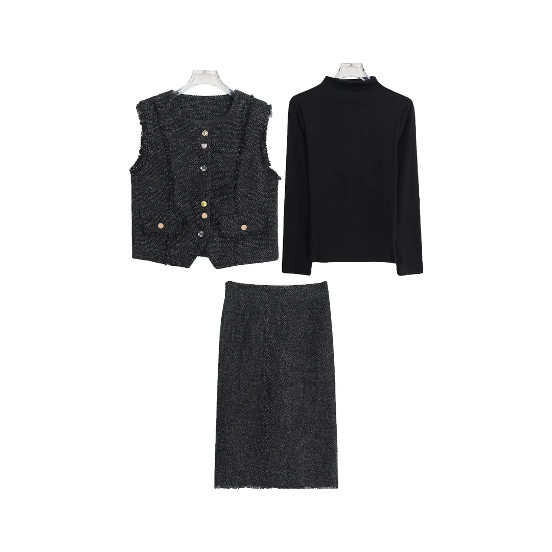 S法式设计感纽扣纯色内搭高腰半身裙三件套S4699