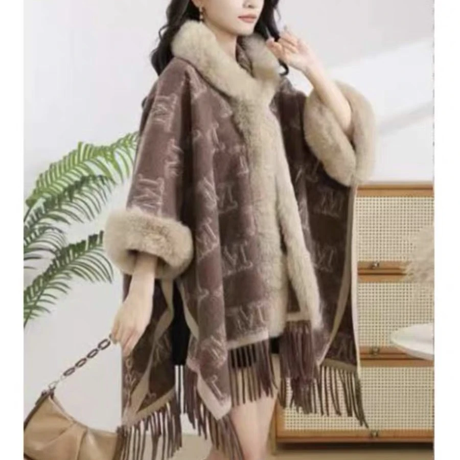 针织流苏开衫女毛领冬季加厚披肩外套女百搭斗篷S5481