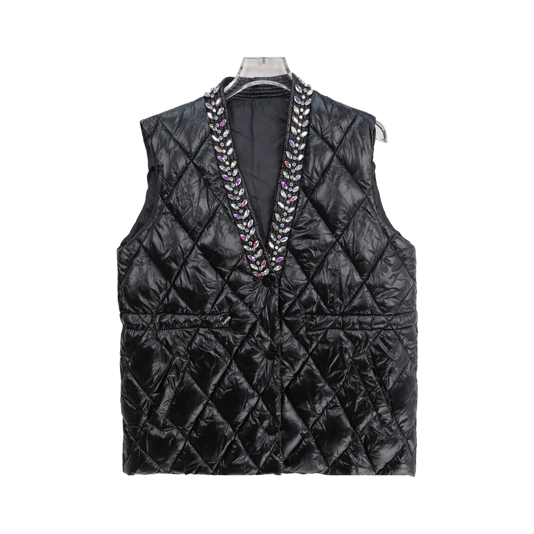 高级感重工镶钻设计感V领菱格无袖马甲X27486