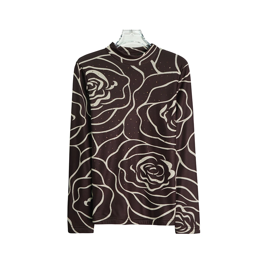 X9953【上新】性感玫瑰印花打底上衣烫钻圆领加绒加厚咖色内搭T恤3D