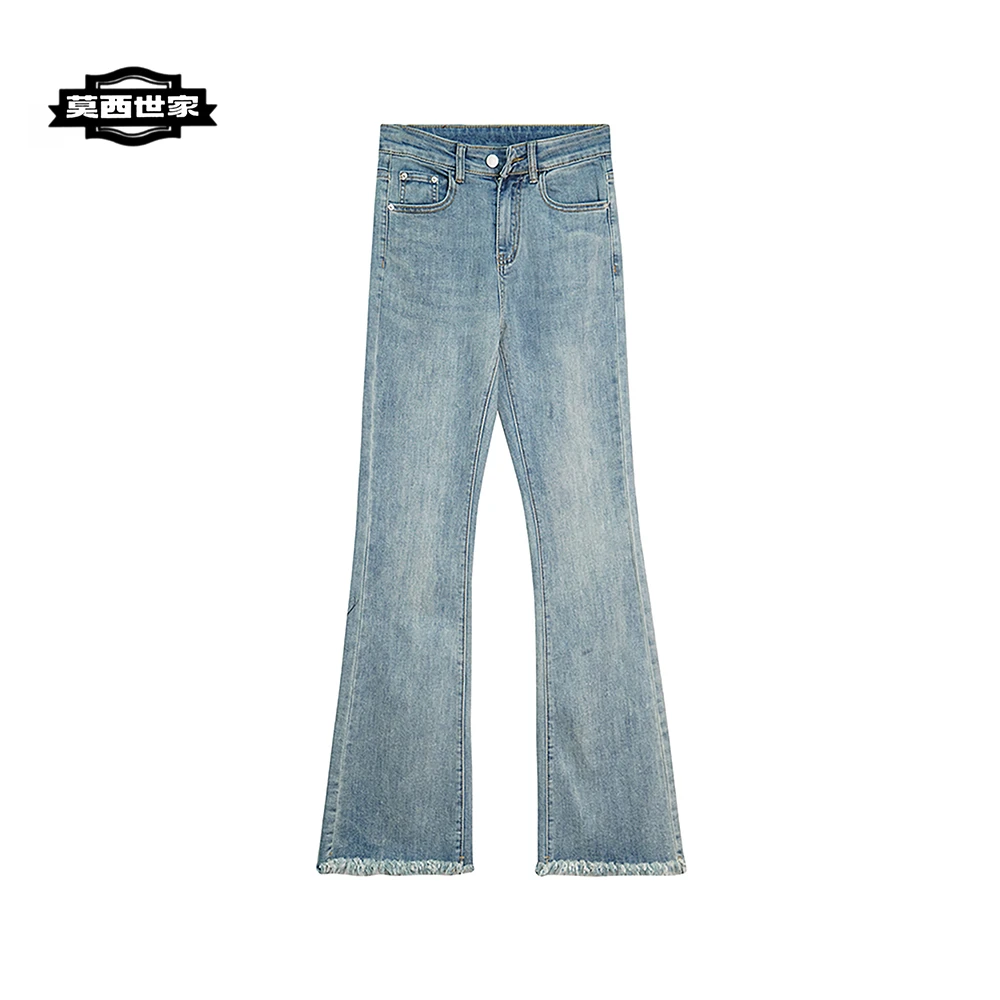 X2426【上新】高腰显瘦复古毛边微喇浅蓝色牛裤子