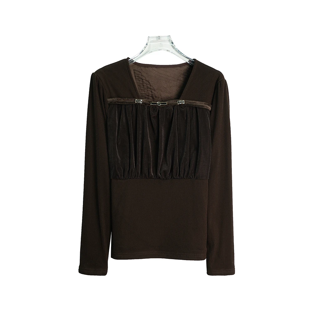 X2550【上新】拼接撞色咖色气质薄绒加厚方领长袖打底3Q