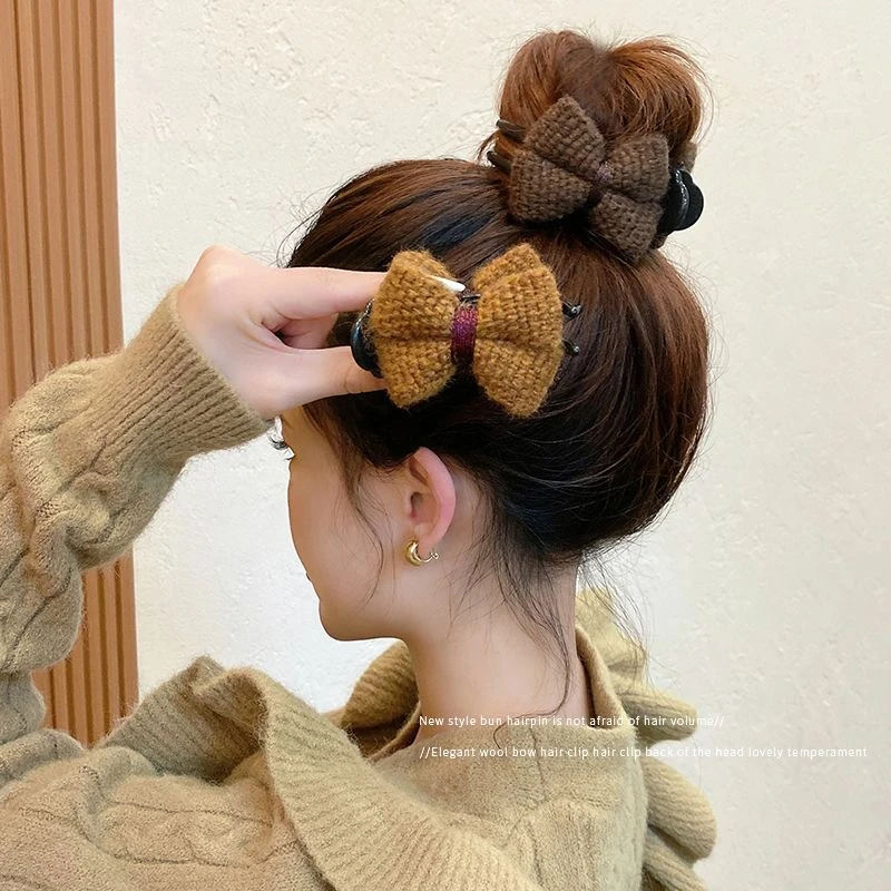 圳墨高端发饰  针织丸子头抓夹奶茶色高马尾固定神器高级盘发发夹