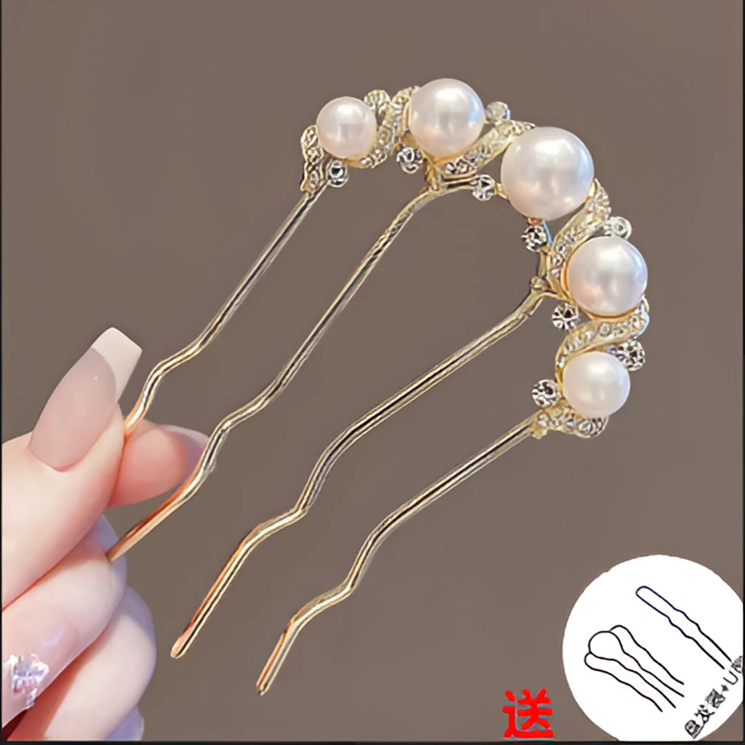 圳墨高端发饰u型金色气质防珍珠水钻波浪发梳四齿丸子头新中式