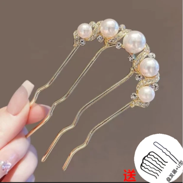 圳墨发饰u型金色气质防珍珠水钻波浪发梳四齿丸子头新中式