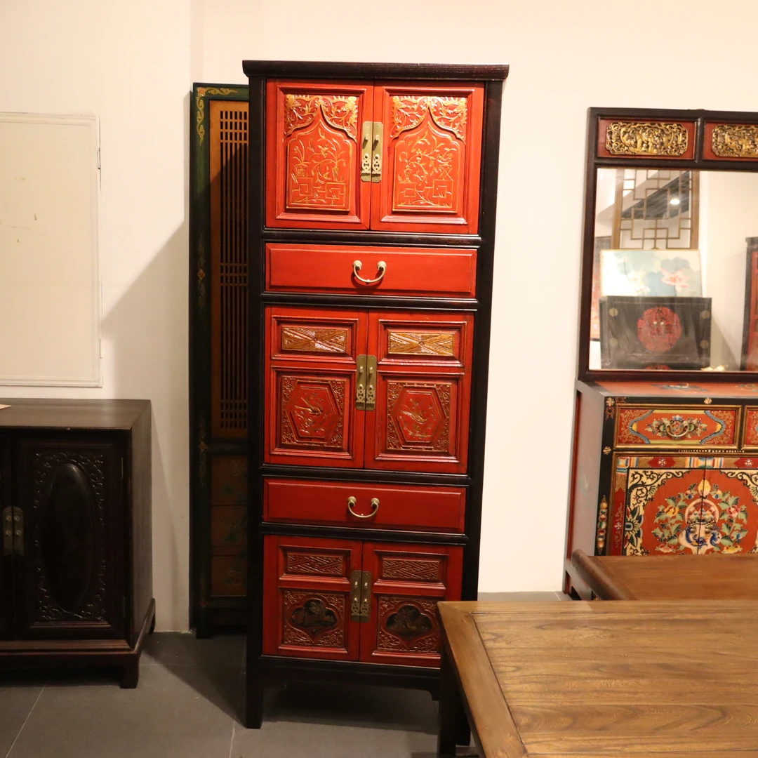 长68×宽40×高186 中式描金雕花书柜老门板改装储物柜古典客厅装饰