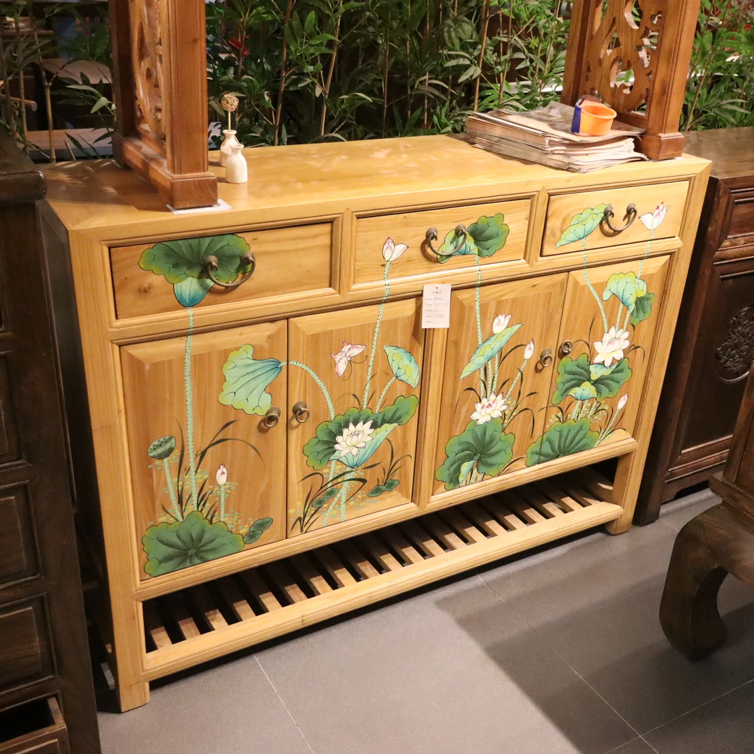 长138×宽40×高100新中式彩绘鞋柜榆木田园风古典餐边柜玄关柜门厅