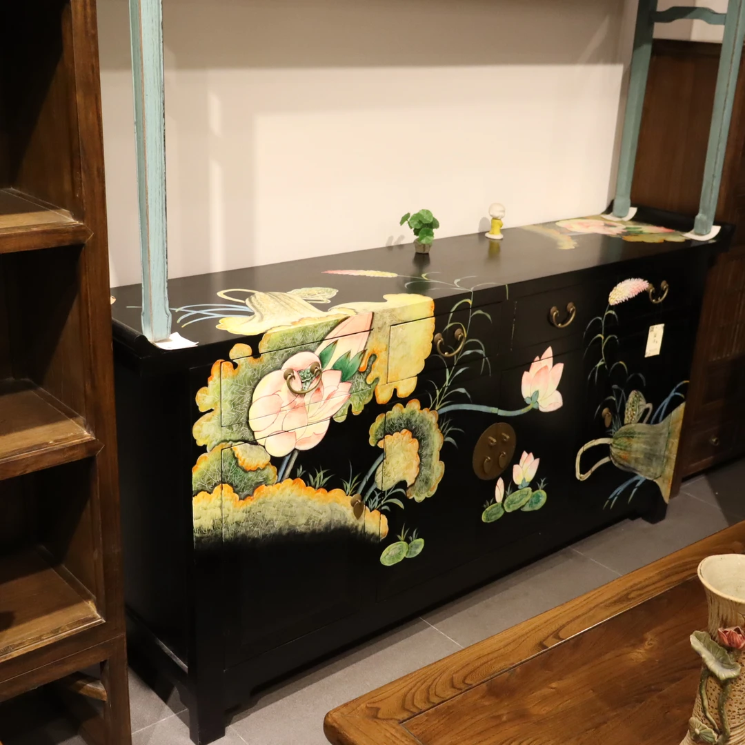 长190×宽42×高87 中式实木彩漆仿古家具餐边柜收储物纯手绘玄关柜