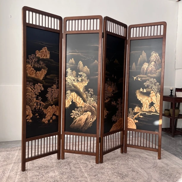 新中式彩绘描金堆金落地屏风折屏隔断白蜡木古典漆器家具