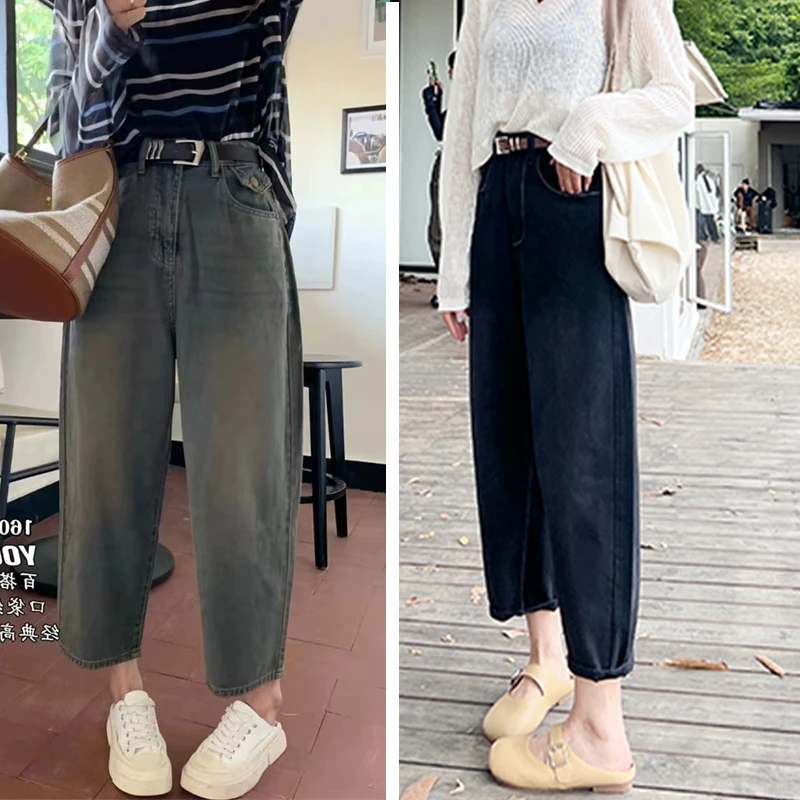 2025复古哈伦大码老爹牛仔裤女做旧高腰宽松九分阔腿奶奶春秋百搭