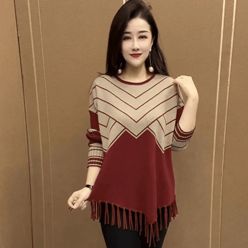 2025秋冬季时尚气质休闲宽松款流苏设计款打底衫大版衫遮肉妈妈装