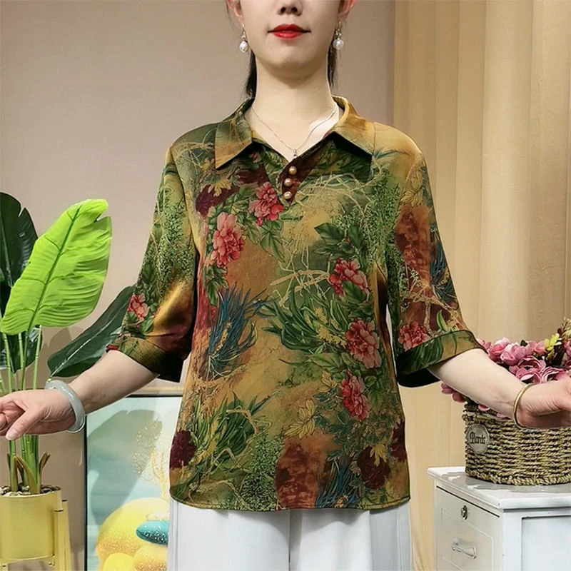 夏季网红新中式复古印花七分袖翻领冰丝贴肤凉爽高档洋气妈妈装