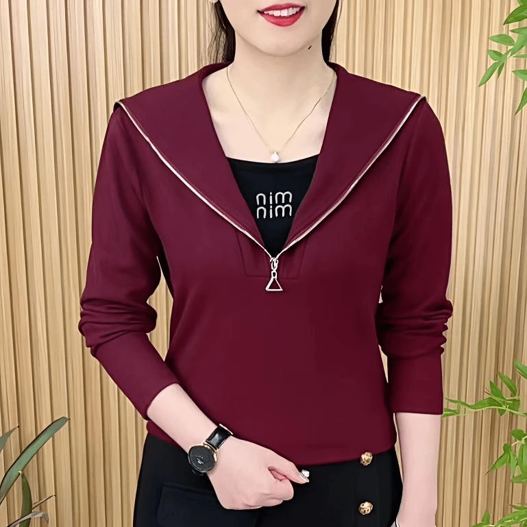 2025秋季网红精致减龄假两件妈妈打底衫时尚百搭纯色简约风上衣