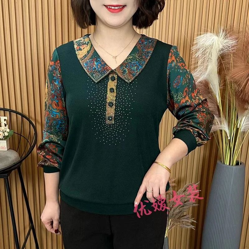 2025早春网红时尚百搭新款Polo拼烫钻宽松显瘦洋气妈妈装长袖上衣