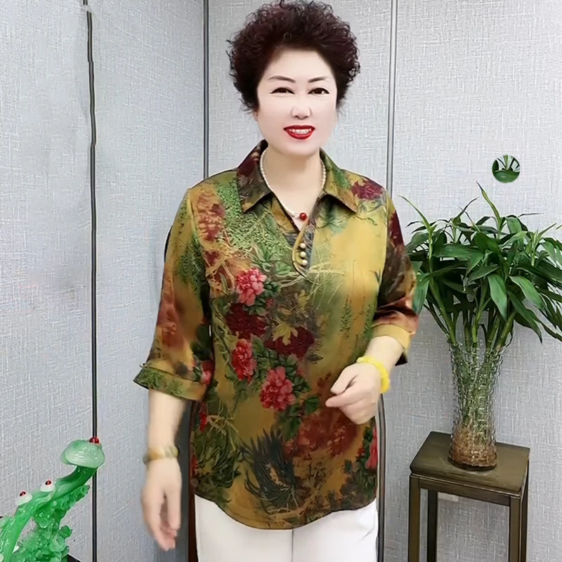 妈妈新款夏季衬衫中老年印花新中式复古高档宽松七分袖大码上衣