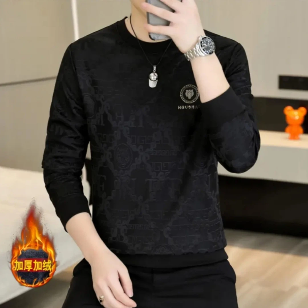 秋冬季男士高品质加绒套头卫衣时尚圆领百搭修身长袖潮流穿搭保暖