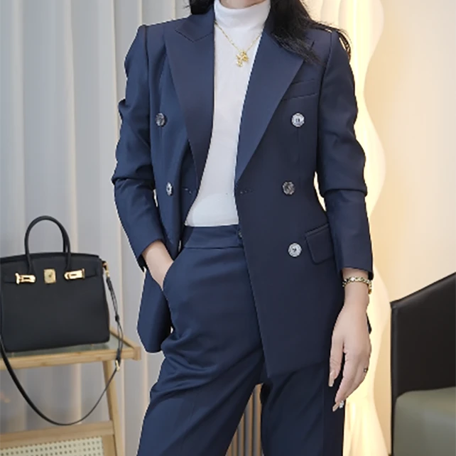 藏蓝色时尚高腰显瘦通勤春季西装套装高端女士修身职业西服套装