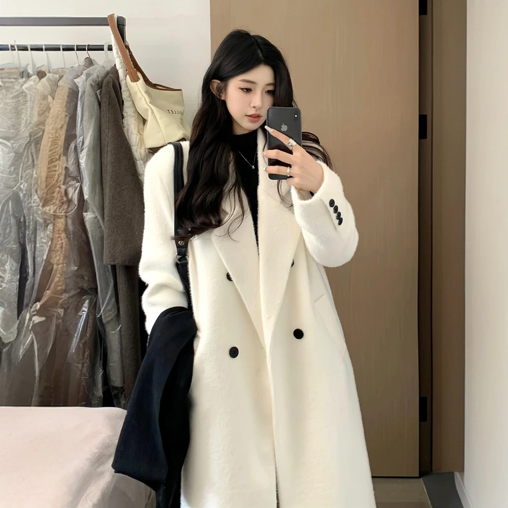 白色毛呢外套女小个子2024新款秋冬季高级感正肩韩系羊毛呢子大衣