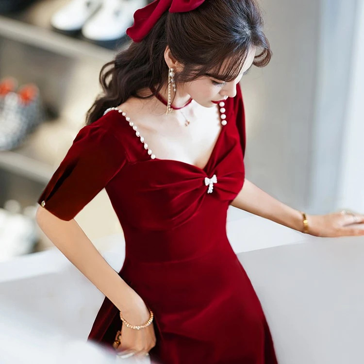 春夏敬酒服新娘结婚订婚回门酒红色晚礼服女高级感连衣裙