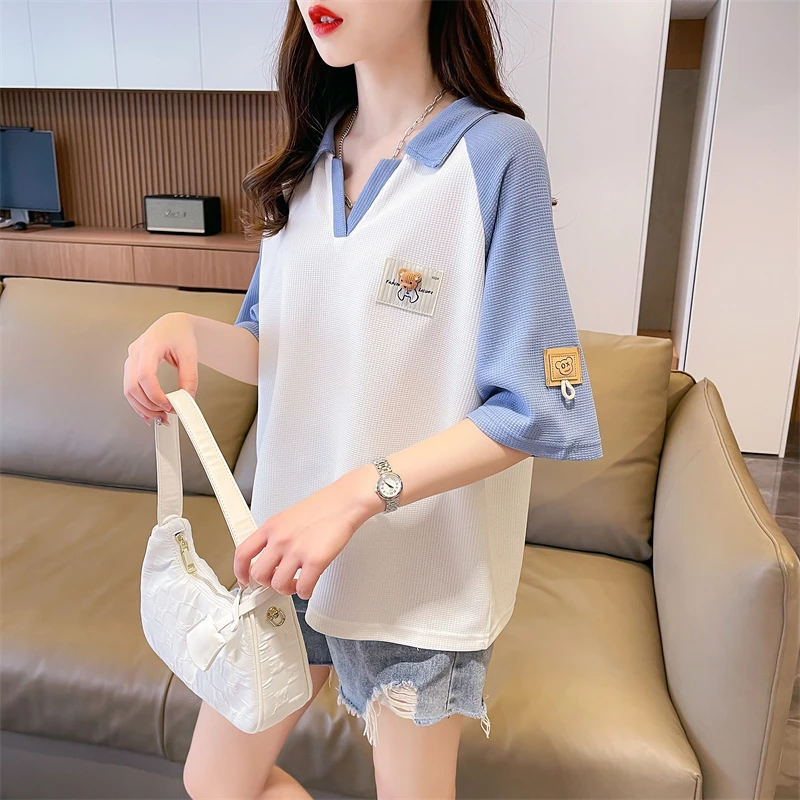 小v领polo衫短袖t恤女短款夏季韩版宽松华夫格插肩袖撞色刺绣上衣