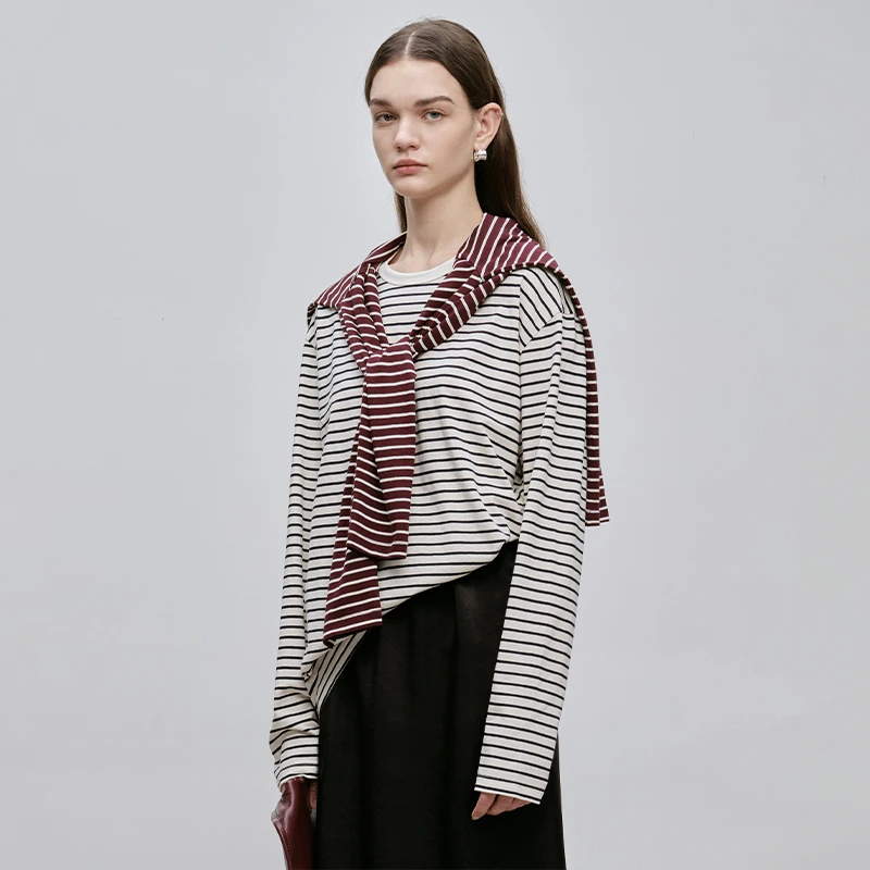 BLUEWEDIAN秋冬时尚针织条纹长袖百搭打底衫新款宽松套头T恤内搭