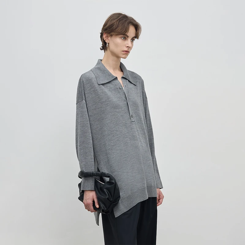 BLUEWEDIANPOLO领宽松慵懒廓形毛衣2024秋季新品不规则设计上衣女