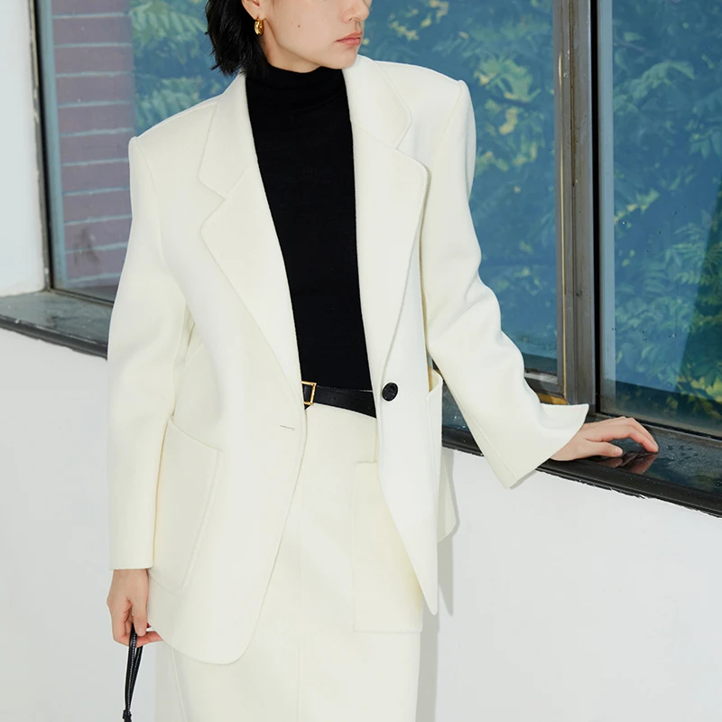 BLUEWEDIAN质感双面呢西装女2022冬季新款毛呢外套短款时尚设计感