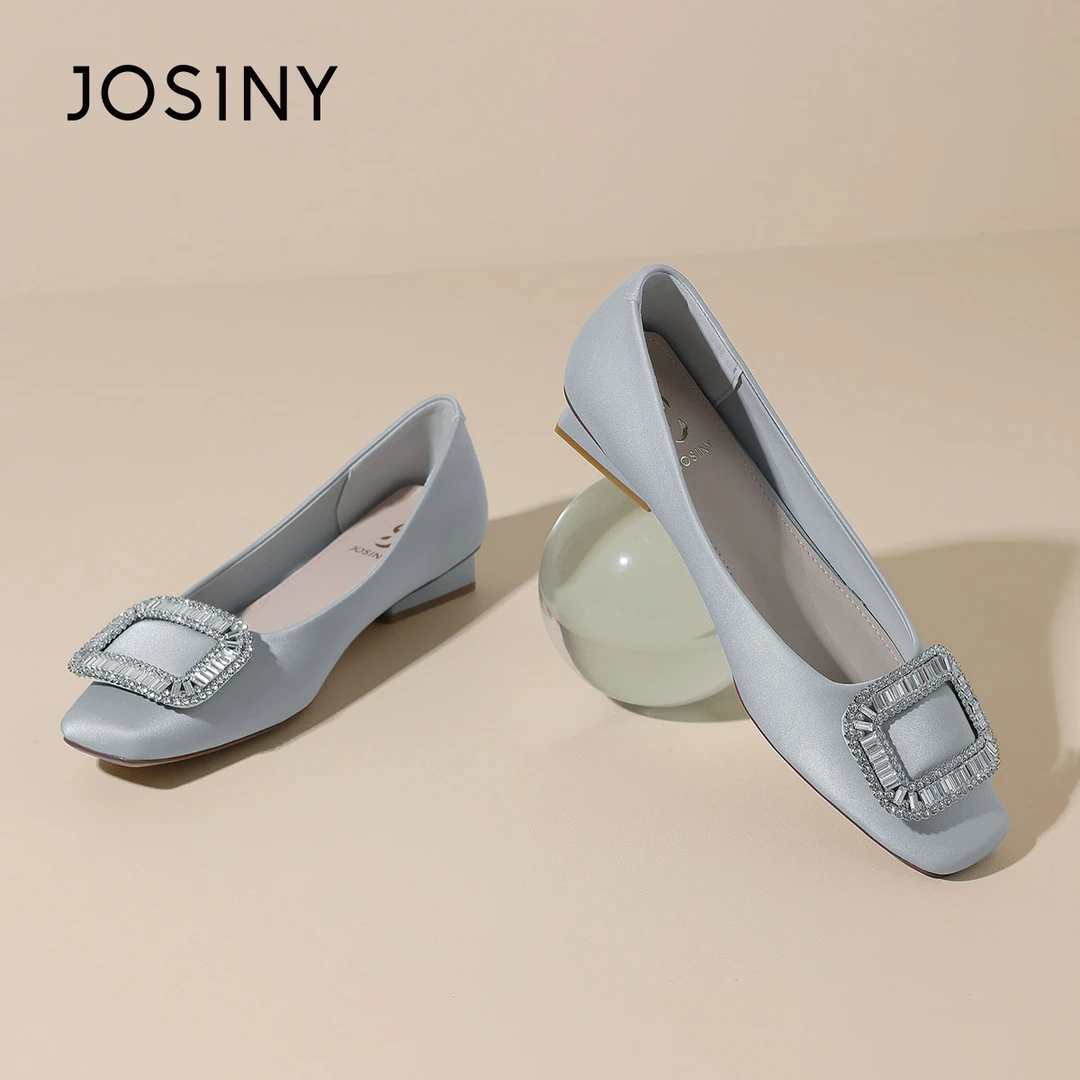 卓诗尼2024夏季新款百搭浅口水钻方头粗跟女法式通勤风乐福鞋女鞋