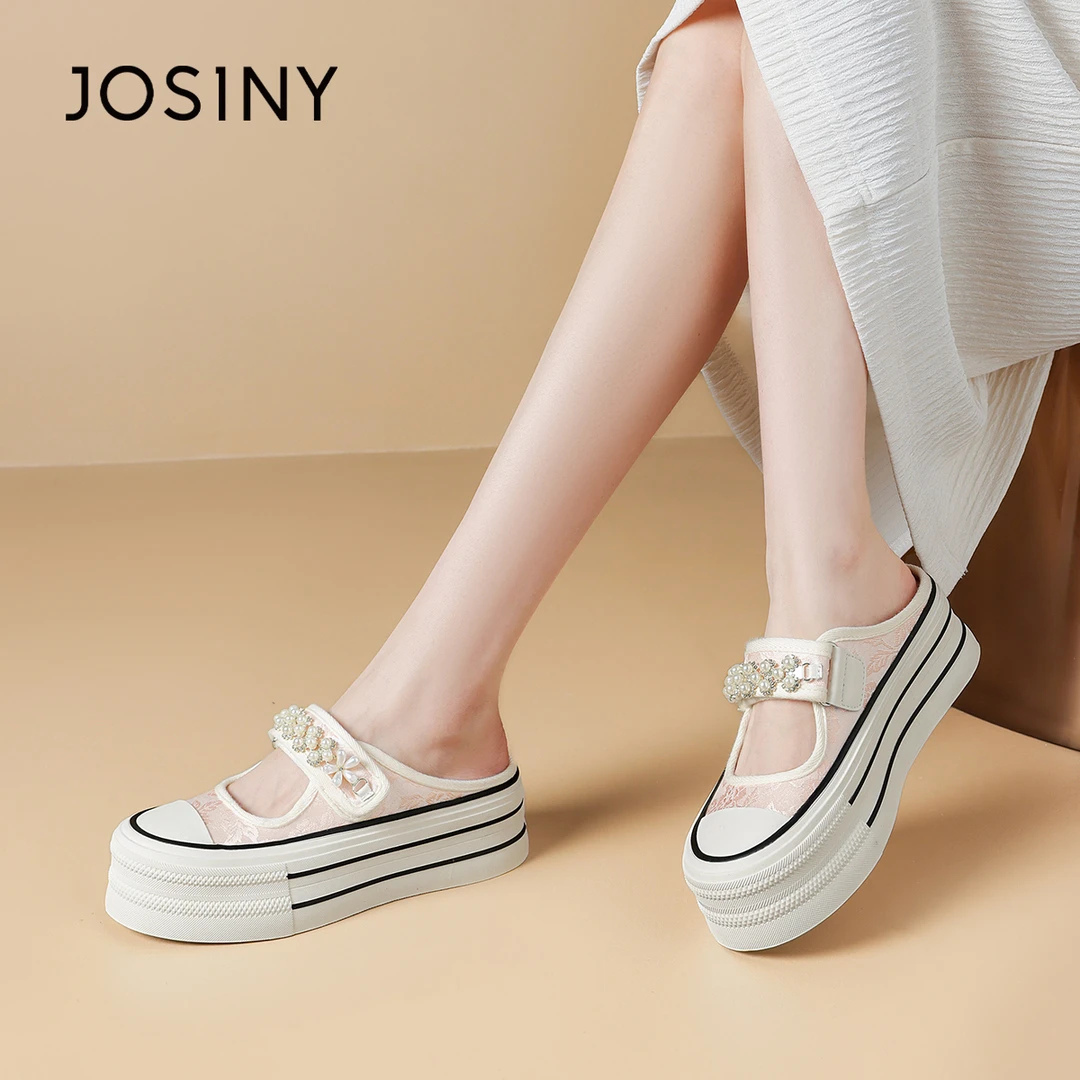 卓诗尼厚底浅口玛丽珍包头半拖鞋2024夏季新款圆头珍珠外穿帆布鞋