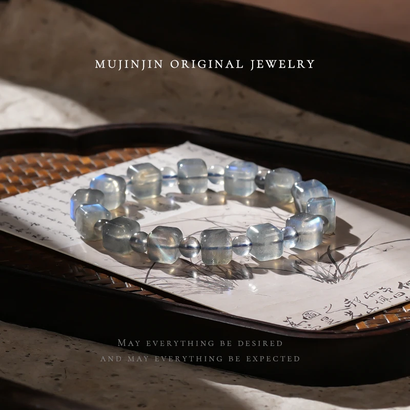 天然灰月光手串女款小方糖串珠手链时尚饰品气质小众百搭