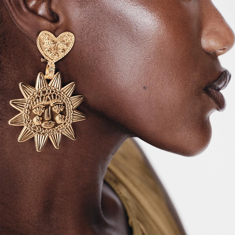 合金耳饰 复古雕刻人脸太阳花耳环欧美轻奢气质经典花卉爱心耳钉