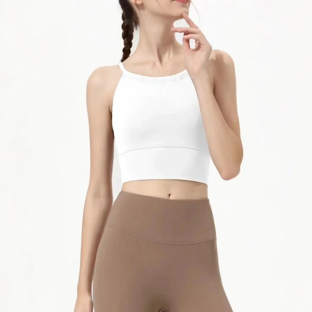 前领褶皱贝壳款运动内衣女夏健身服上衣挂脖吊带瑜伽文胸背心