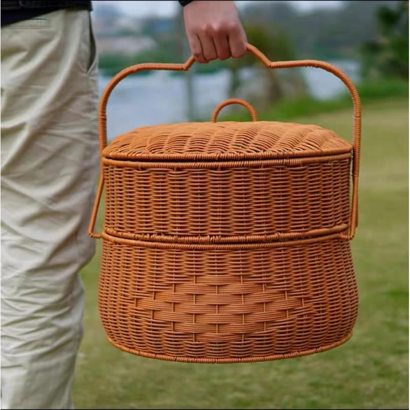 A54仿藤编织圆形双层野餐篮手提篮轻奢家用简约纯手工储物45*38