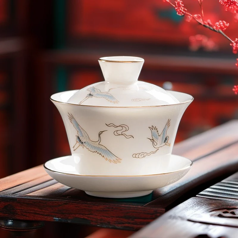 语诗阁三才盖碗茶具泡茶专用轻奢手绘功夫陶瓷防烫器具羊脂玉白瓷