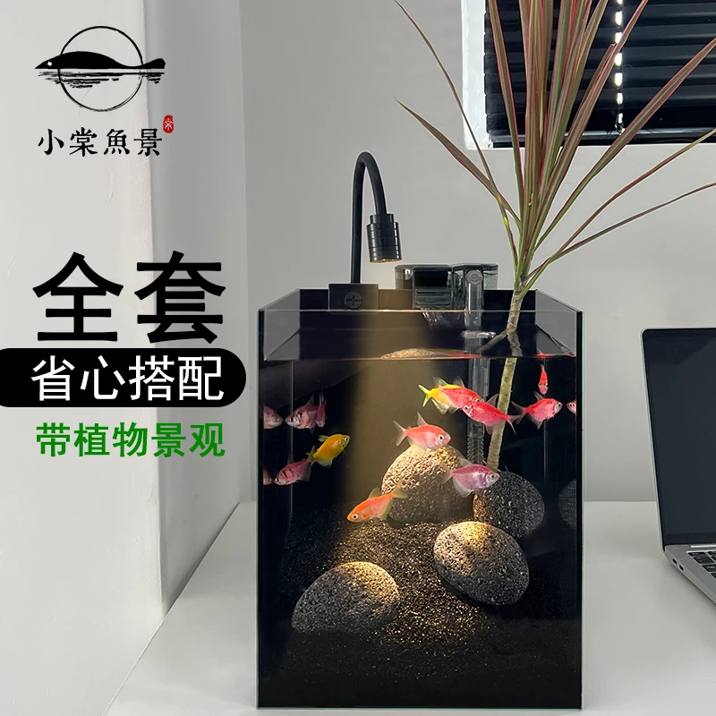 火山石黑色系桌面造景小型玻璃鱼缸带过滤静音植物缸生态超透黑背