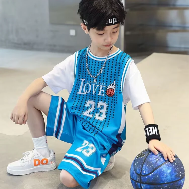 儿童夏款网红假两件童装韩版帅气夏季运动球衣夏装中大童篮球服